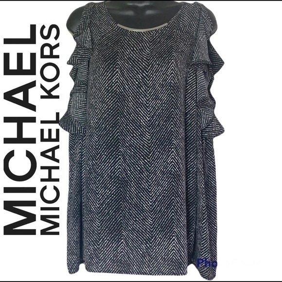 Michael Michael Kors black/white ruffled cold shoulder blouse size L - Picture 1 of 13